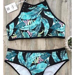 Cupshe Halter Bikini Set NWT Palm Leaf Pattern